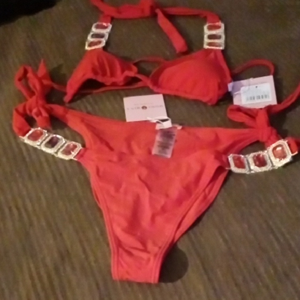 Red Bikini with Embellished Straps
